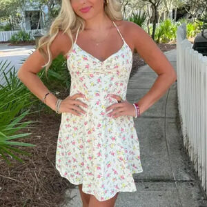 Zara Ditsy Floral Open Back Mini Slip Dress Yellow Pink Rose NWOT Size Large